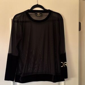 AMORE Black Sheer Mesh Long-Sleeve Top with Velvet Panels